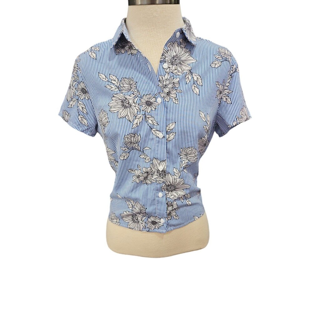 Women's Size S Paper Crane Short Sleeve Button Tie Back Top Striped Floral Blue